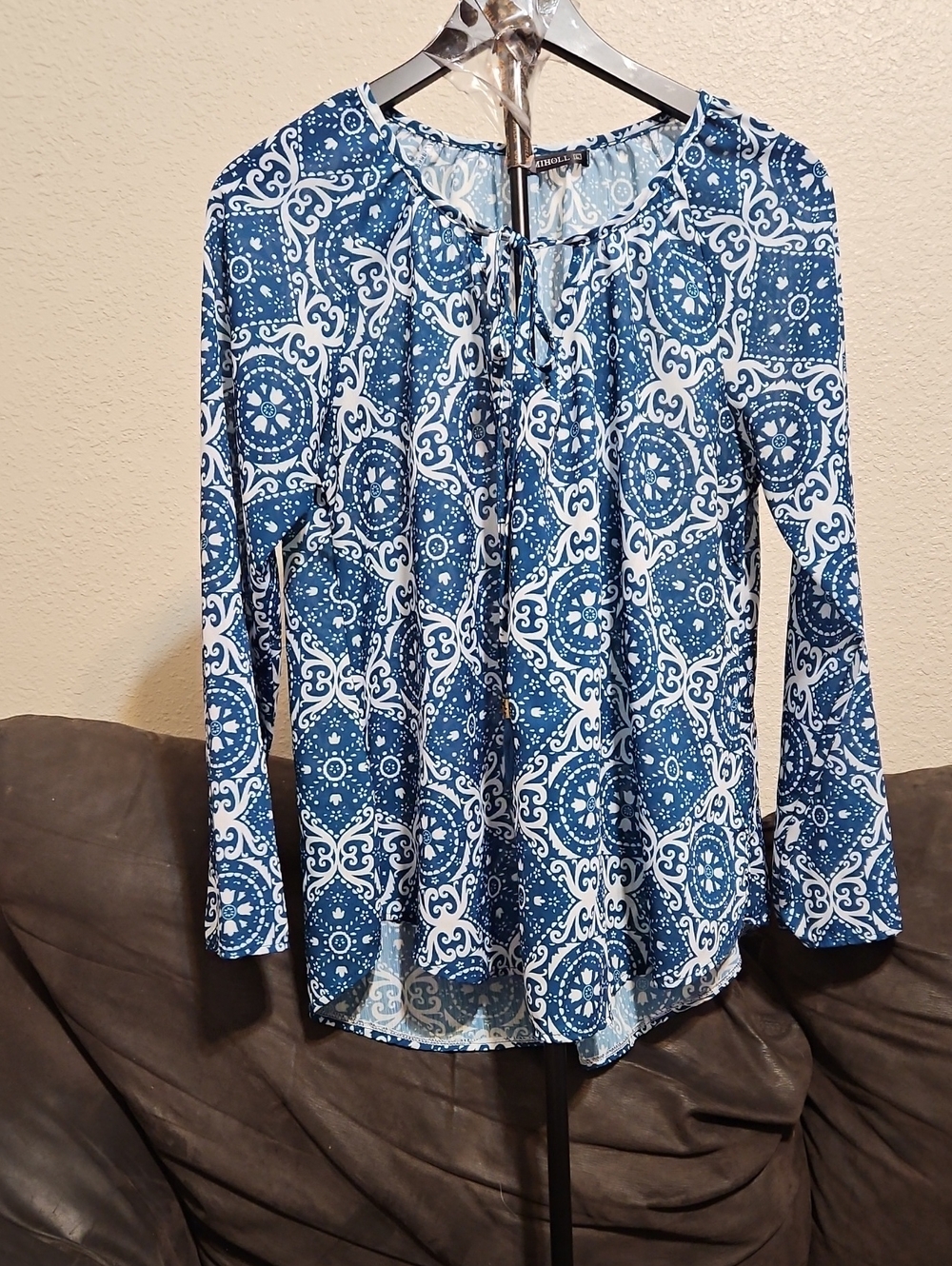 Blue Medallion Tie-Neck Blouse by Daniel Rainn